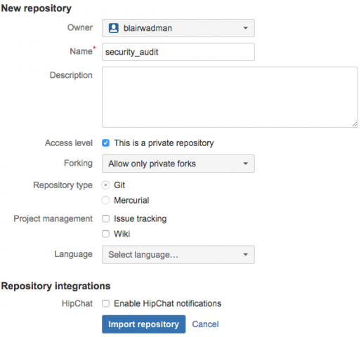 Fields for the new repository in Bitbucket