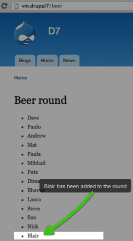 Blair added to the beer round after implementing hook_beer_round